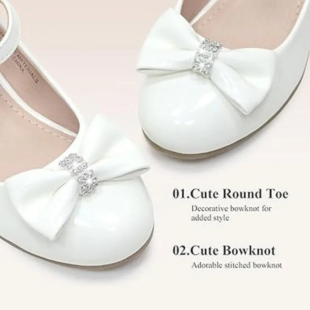 Girls Size 3 Flower Girl White Low Heel Rhinestone Bow Dress Wedding Shoes